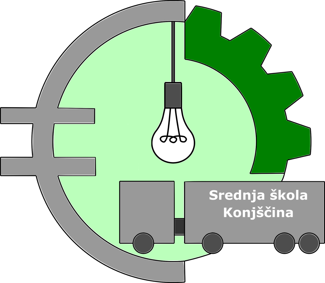 Logo Srednje škole Konjščina prikazuje euro simbol s lijeve strane, zupčanik s desne strane, žarulju u sredini te kamion ispod žarulje. Na kamionu piše 'Srednja škola Konjščina'. Pozadina loga je zelena.